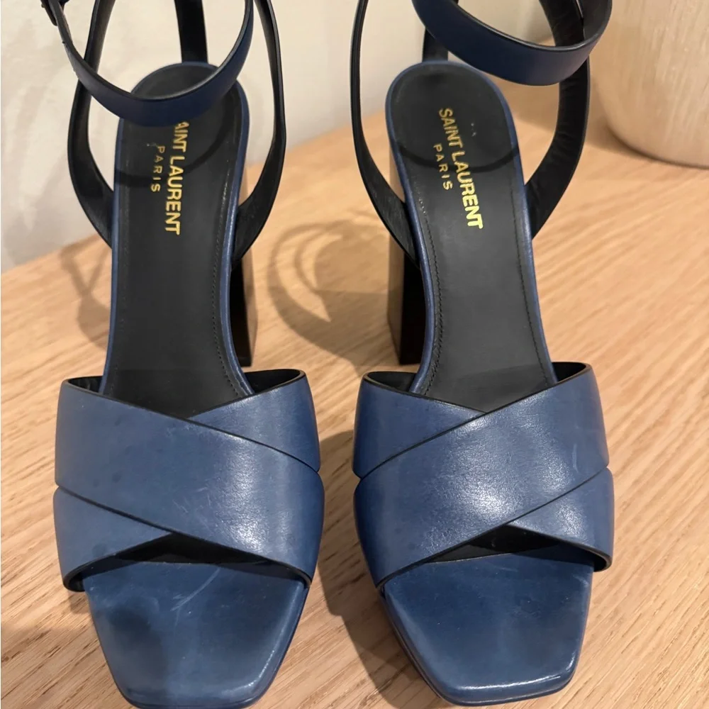 Saint Laurent Blue Leather Crisscross Block Heel Sandals - Picture 6 of 15